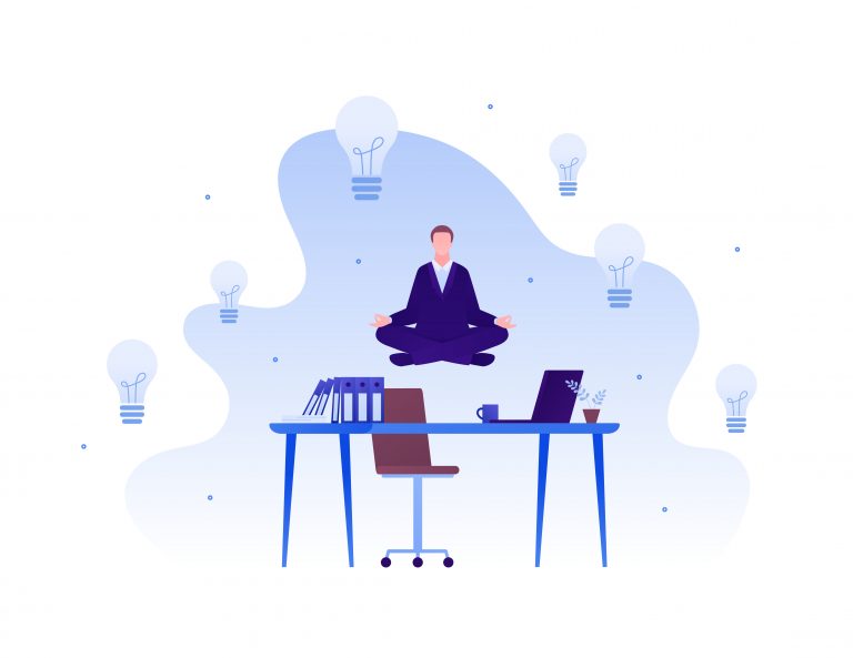 Wellbeing and yoga at work concept. Vector flat business illustration. Businessman in suit fly over desk in meditation relax pose. Lightbulb idea and productivity symbol